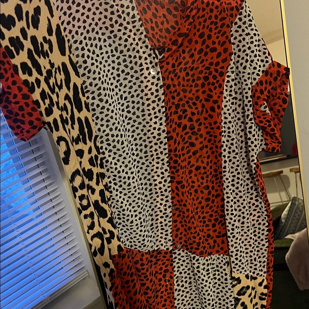 Umgee Red, Black, Cream Animal Print Patchwork Blouse